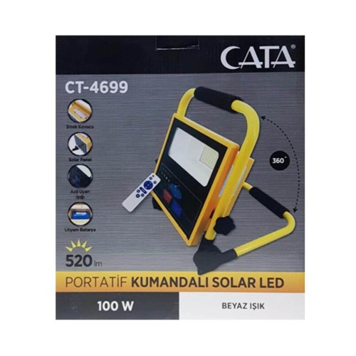 Cata 100W Portatif Solar Led Kumandalı Projektör 6500K (Beyaz) CT-4699