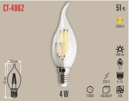  Cata 4w Buji Rustik Kıvrık Led Ampul E-14 Duy 3200k Ct-4062g