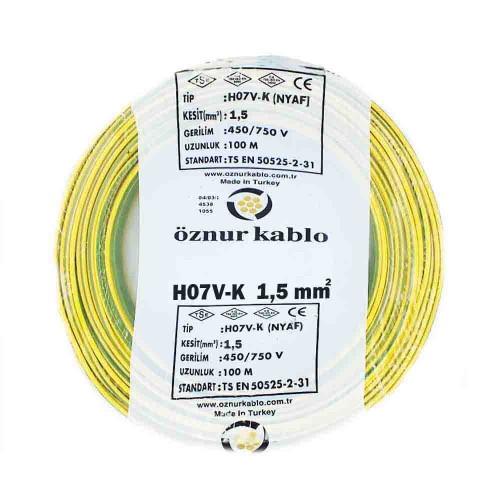 Öznur 1x1,5 mm NYAF Kablo-100m (Sarı/Yeşil)